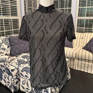 CAbi Sheer Black Mock Turtleneck Short Sleeve Blouse